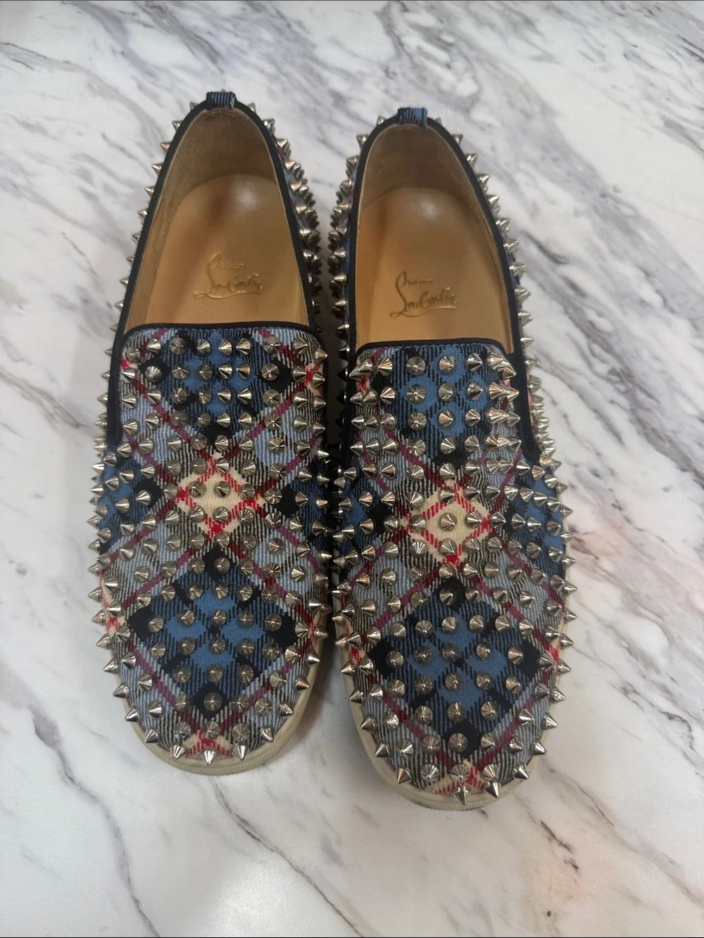 Christian Louboutin Blue Plaid Spike-Embellished Slip-Ons